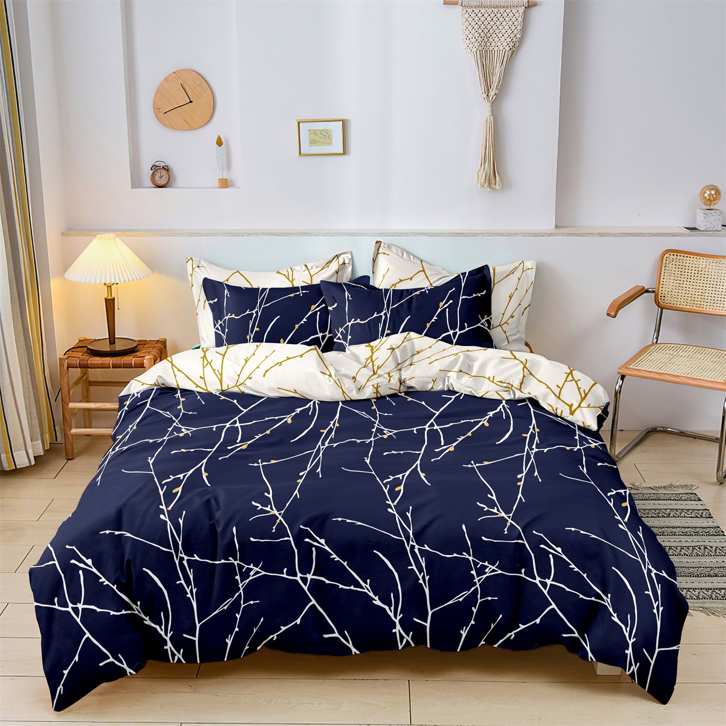 3Pcs Navy Blue Branch Duvet Cover Set | Modern Botanical Bedding with Pillowcases