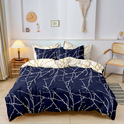 3Pcs Navy Blue Branch Duvet Cover Set | Modern Botanical Bedding with Pillowcases