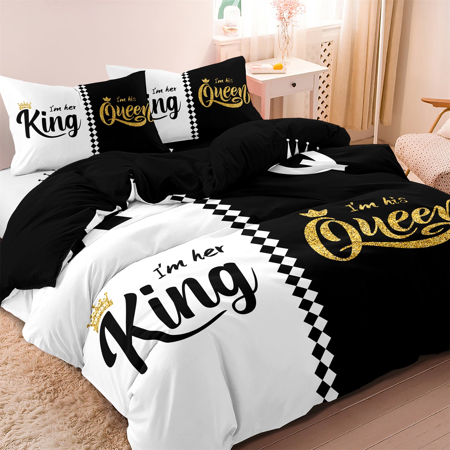 3Pcs King & Queen Couple Bedding Set – Black White Luxury Duvet Cover Set with Pillowcases