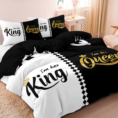 3Pcs King & Queen Couple Bedding Set – Black White Luxury Duvet Cover Set with Pillowcases
