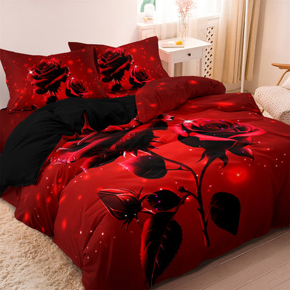 3Pcs Romantic Red Rose Bedding Set – Elegant Floral Duvet Cover Set, Luxury Rose Print Quilt Cover