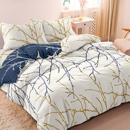 3Pcs Navy Blue Branch Duvet Cover Set | Modern Botanical Bedding with Pillowcases