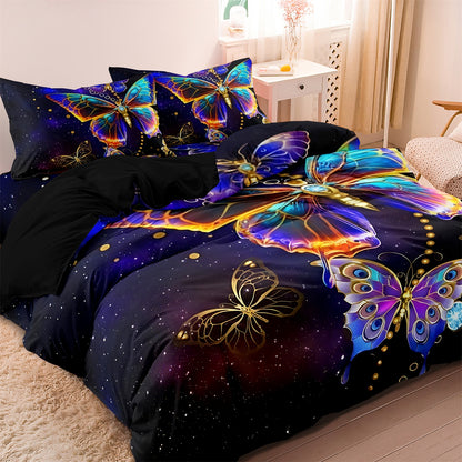3Pcs Galaxy Butterfly Duvet Cover Set | Blue Purple Butterfly Bedding with Pillowcases