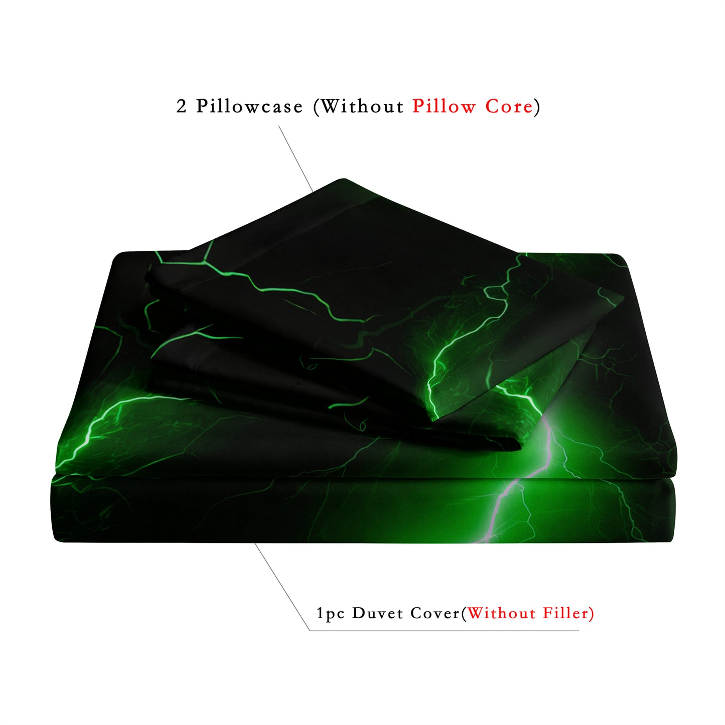 3Pcs Green Lightning Quilt Cover Set – 3D Electric Storm Bedding with Pillowcases