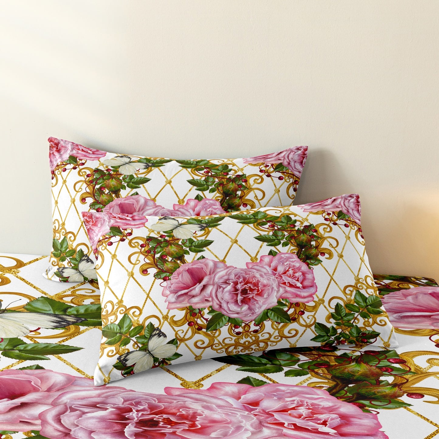 3Pcs Luxury Pink Rose Quilt Cover Set – Elegant Floral Baroque Bedding with Pillowcases