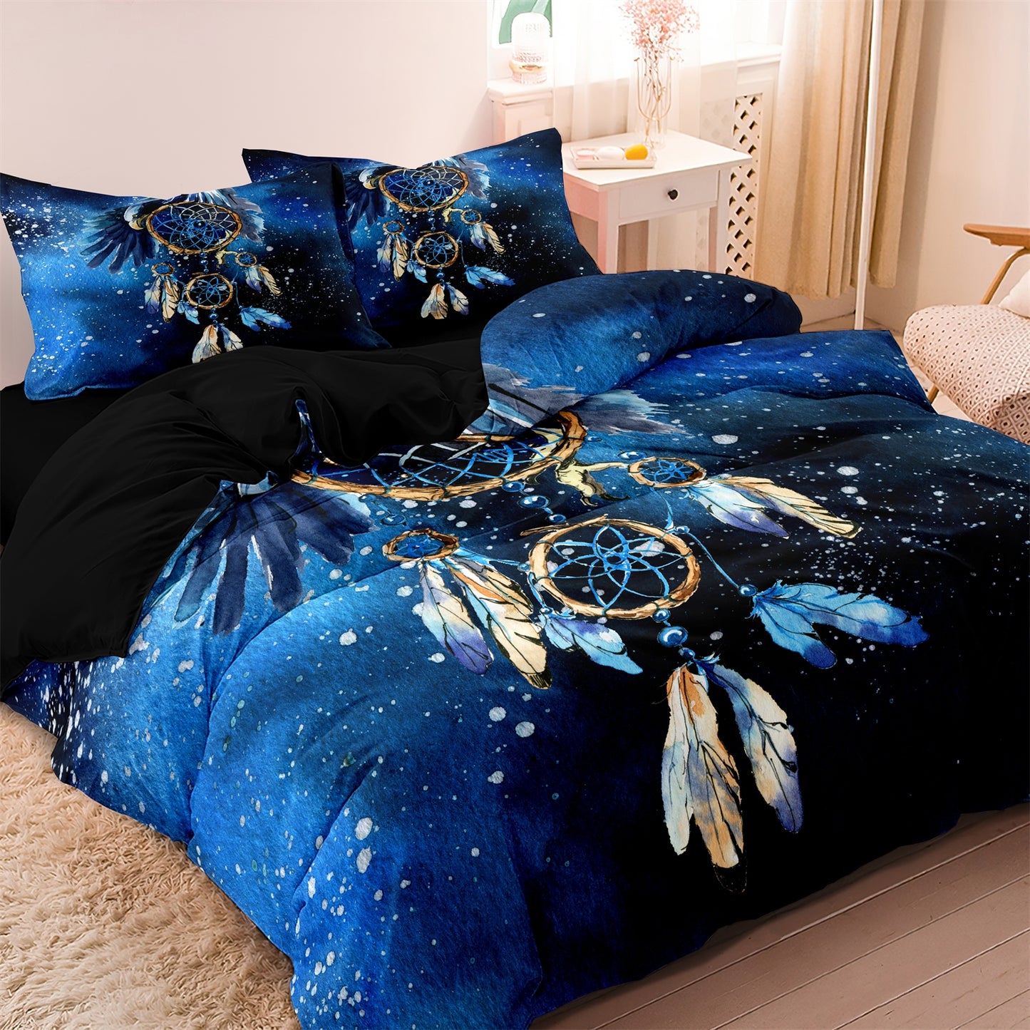 3Pcs Raven Dream Catcher Duvet Cover Set | Galaxy Boho Bedding with Pillowcases