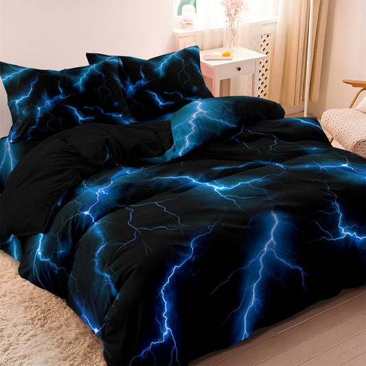 3Pcs Blue Lightning Quilt Cover Set – 3D Electric Storm Bedding with Pillowcases