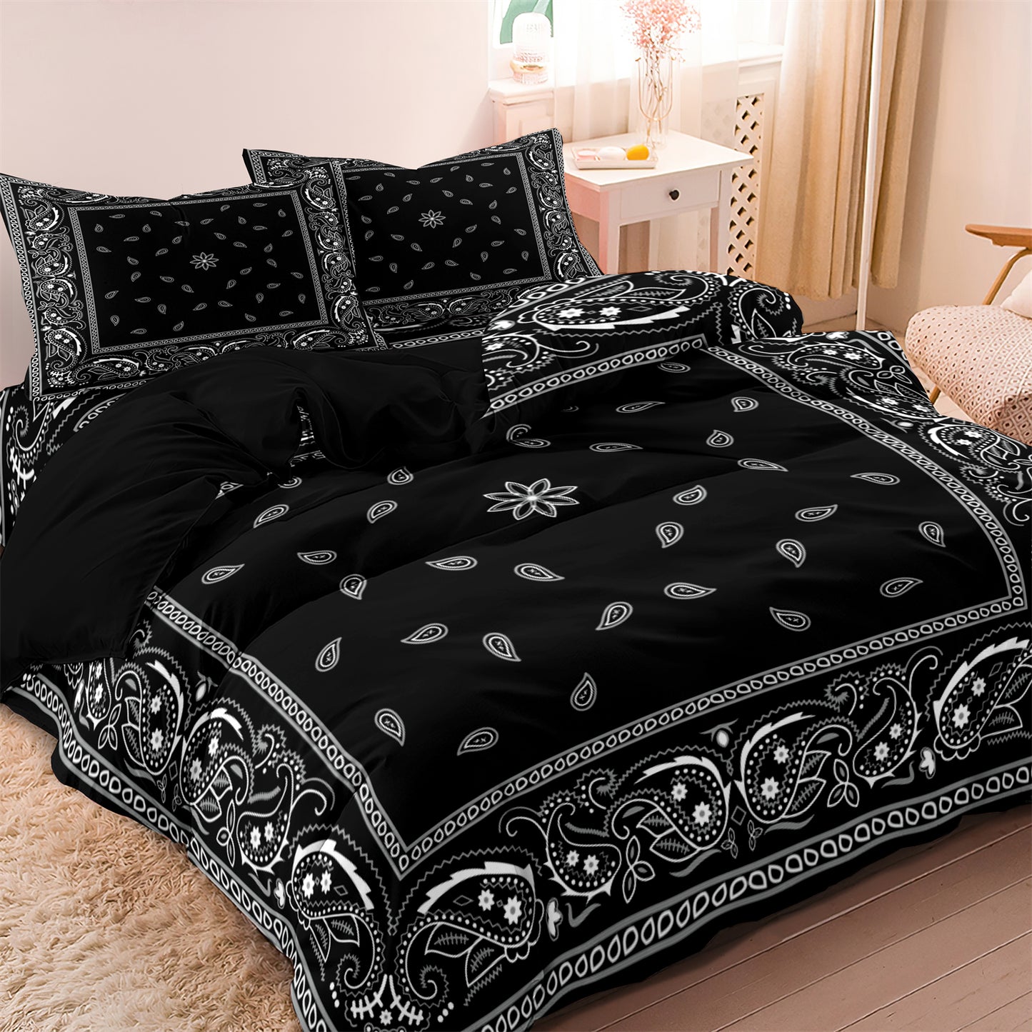 3Pcs Black Paisley Bandana Duvet Cover Set | Western Street Style Bedding