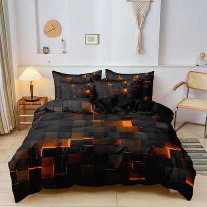 3Pcs Purple Geometric Duvet Cover Set – Black Abstract Grid Bedding Set Soft Microfiber Quilt Cover Set
