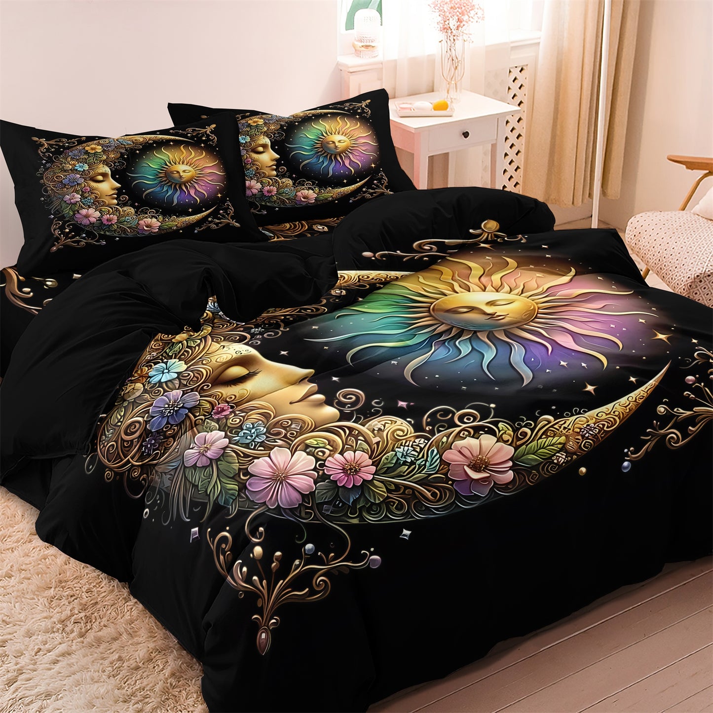 3Pcs Boho Sun Moon Duvet Cover Set – Mystical Celestial Floral Bedding Set