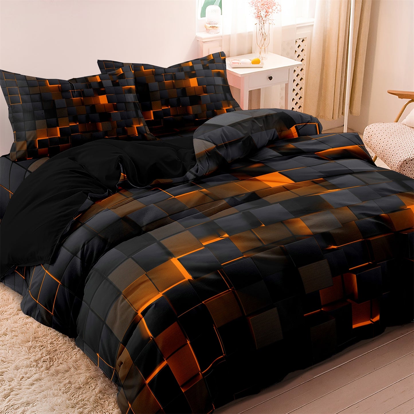 3Pcs Cyberpunk Geometric Bedding Set – Black Red Modern Duvet Cover Set with Pillowcases