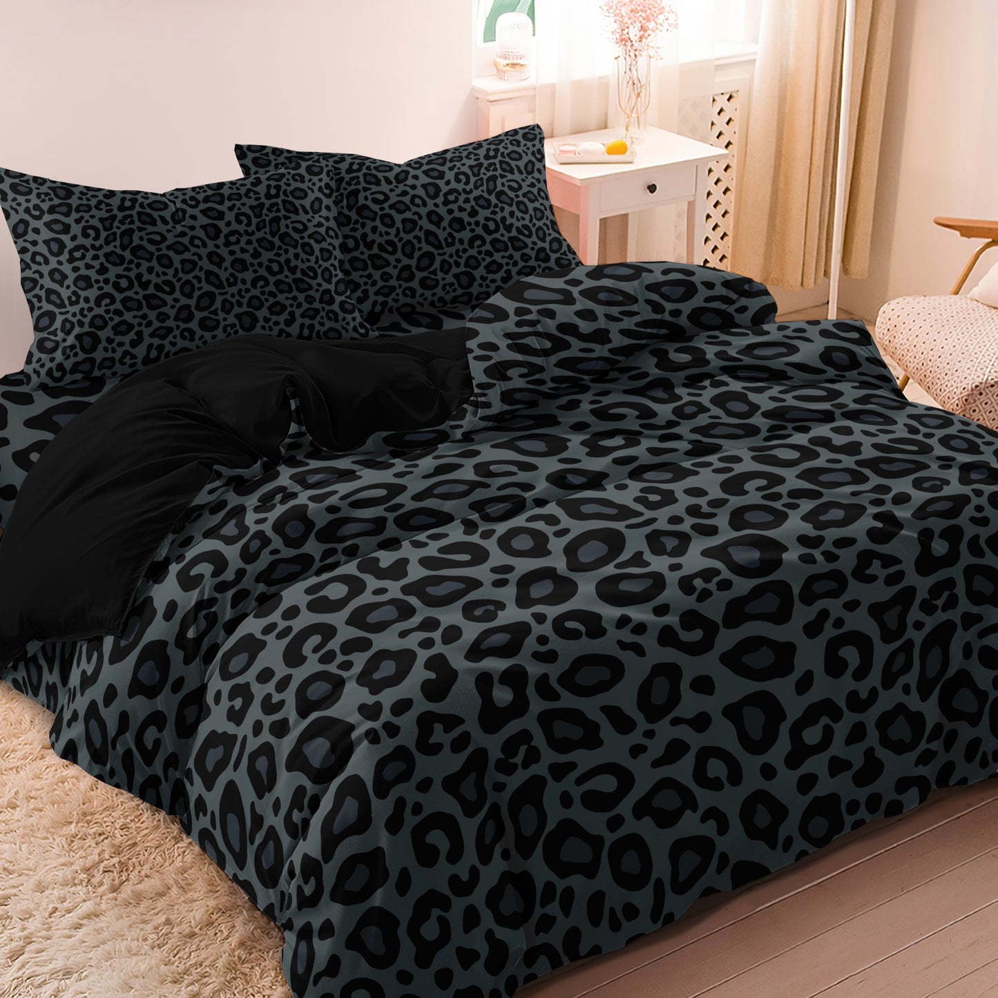 3Pcs Dark Grey Leopard Print Quilt Cover Set