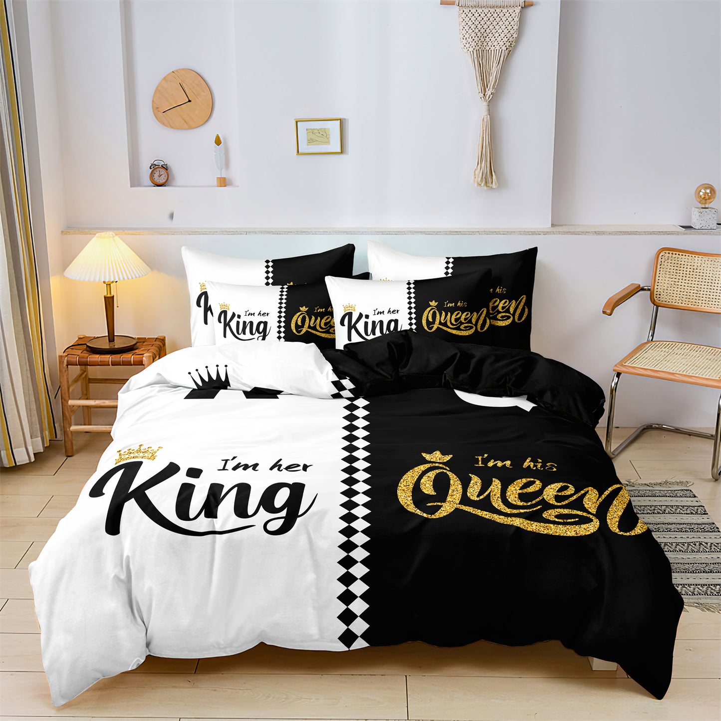 3Pcs King & Queen Couple Bedding Set – Black White Luxury Duvet Cover Set with Pillowcases