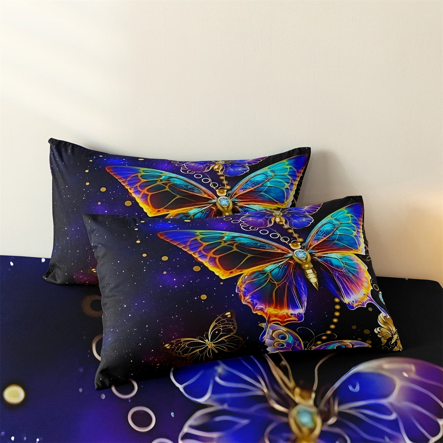 3Pcs Galaxy Butterfly Duvet Cover Set | Blue Purple Butterfly Bedding with Pillowcases