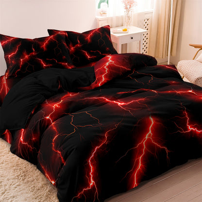 3Pcs Red Lightning Quilt Cover Set – 3D Electric Storm Bedding with Pillowcases